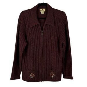 Woolrich Casual Floral Embroidered Full Zip Knit Cardigan Sweater Large Maroon